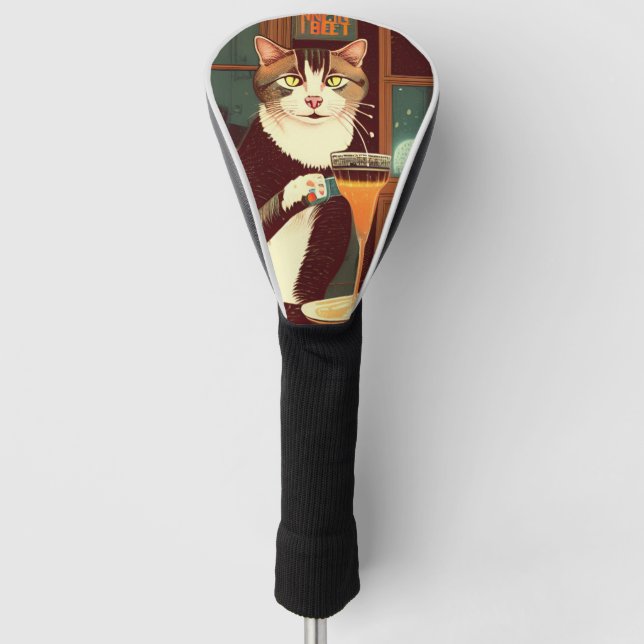 Cat drinking beer on bar golf head cover (Front)