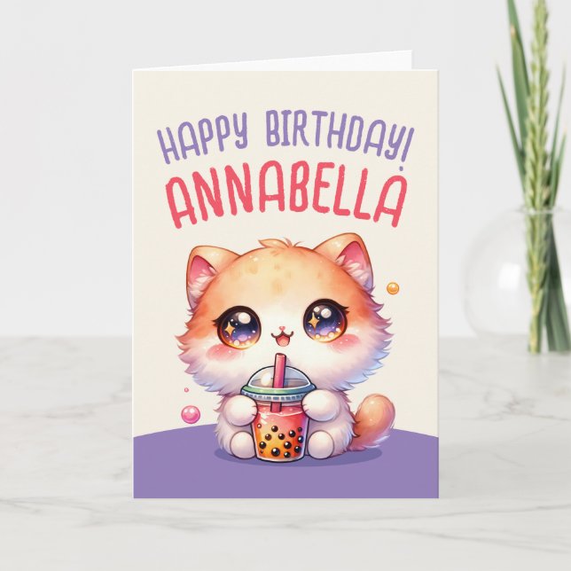 Cat Drinking Boba Cute Bubble Tea Birthday Card (Front)