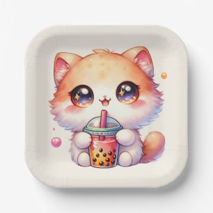 Cat Drinking Boba Cute Bubble Tea Paper Plate