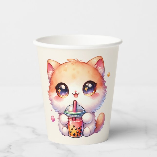 Cat Drinking Boba Cute Bubble Tea Party Paper Cups (Front)