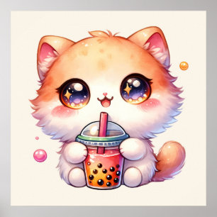Cat Drinking Boba Cute Bubble Tea Poster