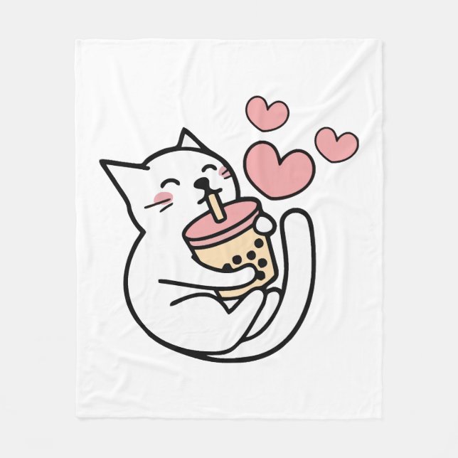 Cat Drinking Boba Milk kitten Fleece Blanket (Front)