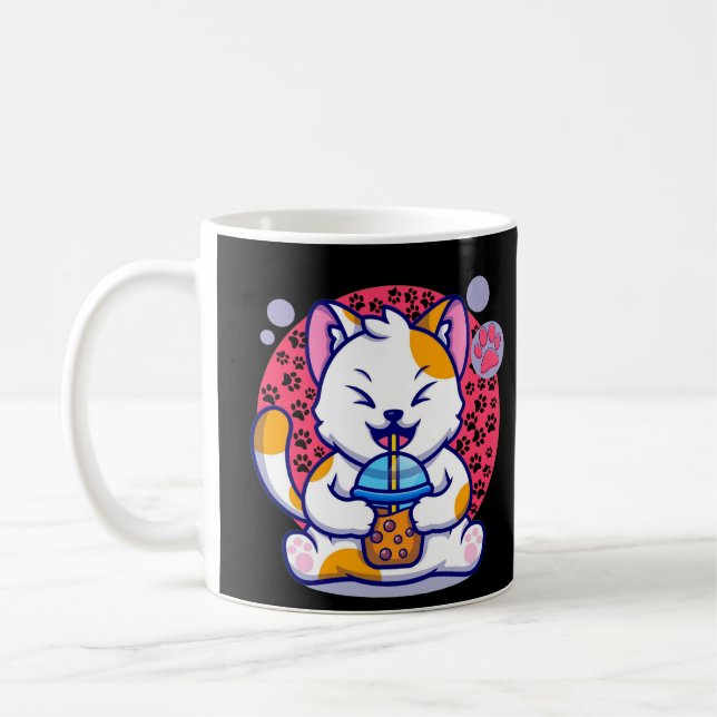 cat Drinking Boba Tea Cartoon Kawaii Coffee Mug (Left)