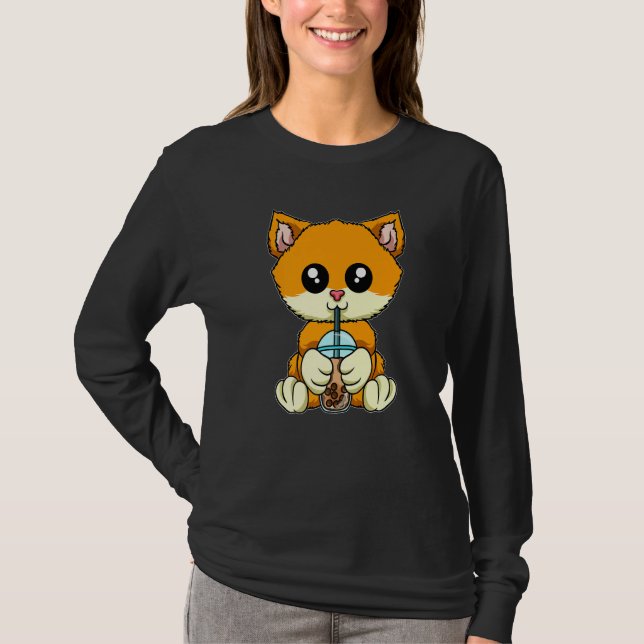 Cat Drinking Bubble Tea Cute Animals With Boba Tea T-Shirt (Front)