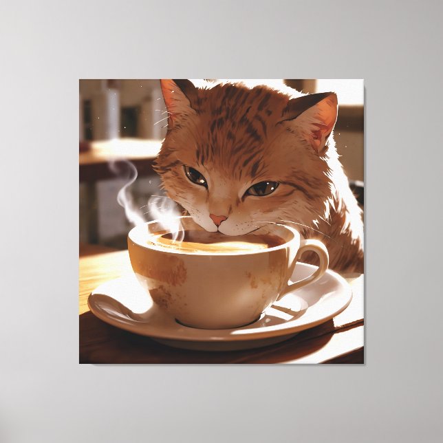 Cat drinking coffee from a cup canvas print (Front)