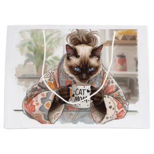 Cat drinking coffee Happy retirement cat Mom Large Gift Bag