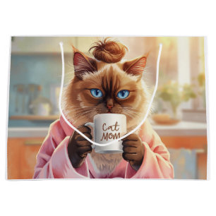 Cat drinking coffee Happy retirement cat Mom Large Gift Bag