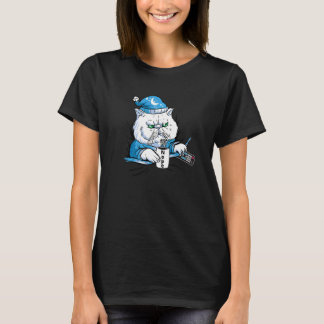 Cat Drinking Coffee Sleepy Cat Watching Tv Fuuny T-Shirt