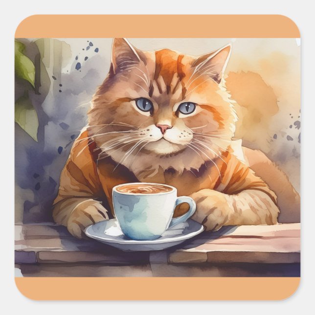 Cat Drinking Coffee Square Stickers (Front)