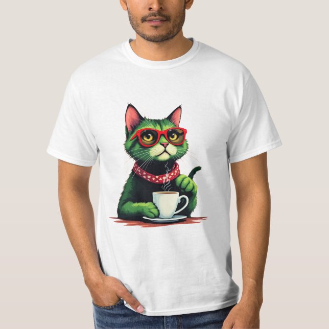 Cat drinking coffee T-shirt  (Front)