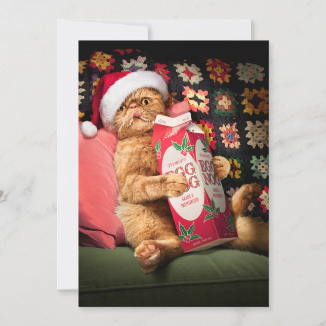 Cat Drinking Egg Nog Invitation (Front)