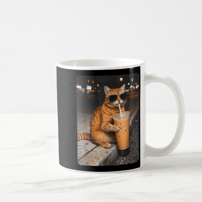 Cat drinking iced coffee funny animal meme coffee mug (Right)