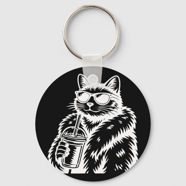 Cat Drinking Iced Coffee Funny Animal Meme Key Ring (Front)