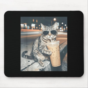 Cat drinking iced coffee funny animal meme men mouse mat