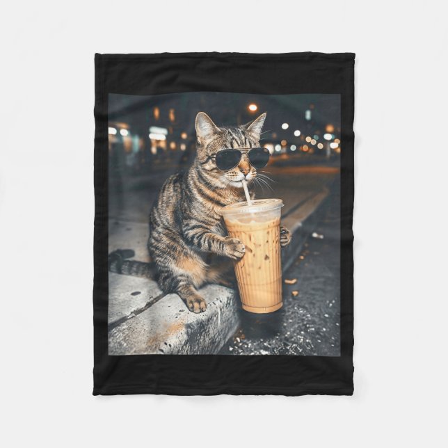 Cat Drinking Iced Coffee Funny Animal Meme Men Wom Fleece Blanket (Front)