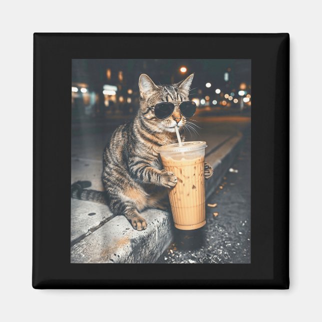 Cat Drinking Iced Coffee Funny Animal Meme Men Wom Magnet (Front)