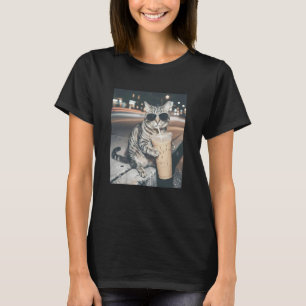 Cat Drinking Iced Coffee Funny Animal Meme Men Wom T-Shirt