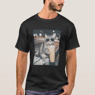Cat Drinking Iced Coffee Funny Animal Meme Men Wom T-Shirt