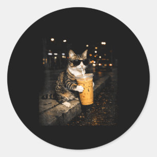 Cat drinking iced coffee funny animal meme retro classic round sticker