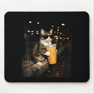 Cat drinking iced coffee funny animal meme retro mouse mat