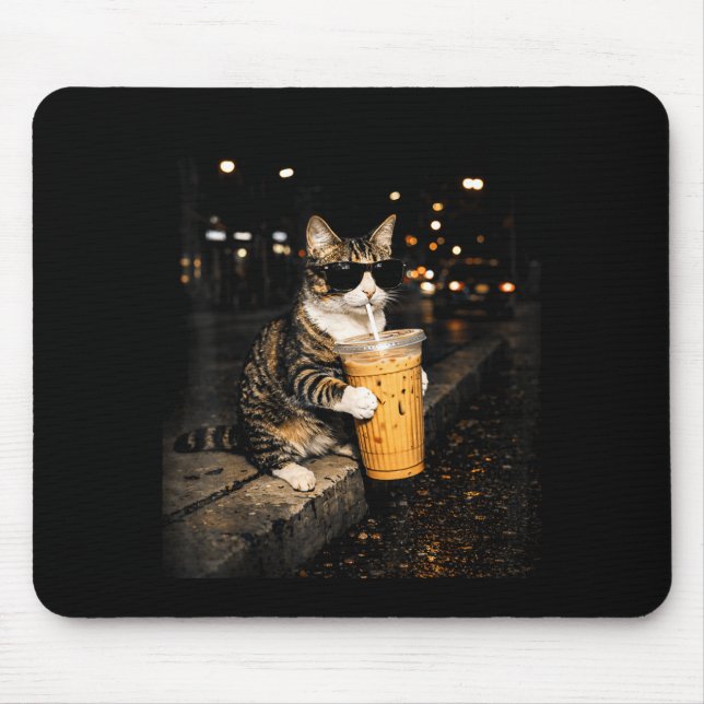 Cat drinking iced coffee funny animal meme retro mouse mat (Front)
