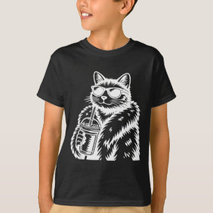 Cat Drinking Iced Coffee Funny Animal Meme T-Shirt