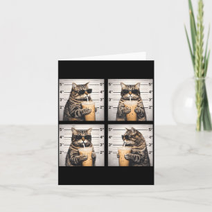 Cat drinking iced coffee funny mugshot animal meme card