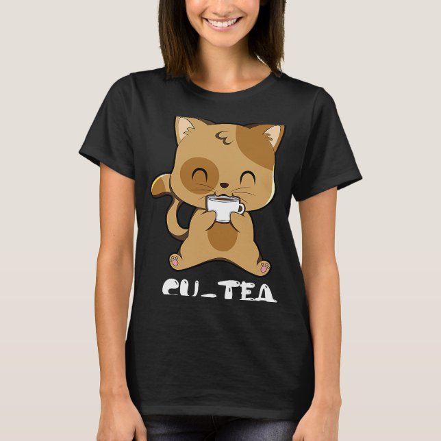 Cat Drinking Tea Cute T-Shirt (Front)