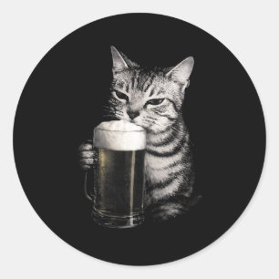 Cat drinks beer funny meme men women matching  classic round sticker