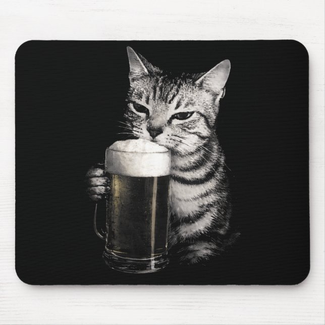 Cat drinks beer funny meme men women matching  mouse mat (Front)