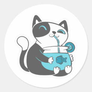 Cat drinks from straw - Choose background color Classic Round Sticker