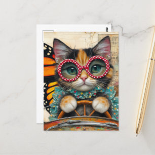 Cat Driving A Car Postcard