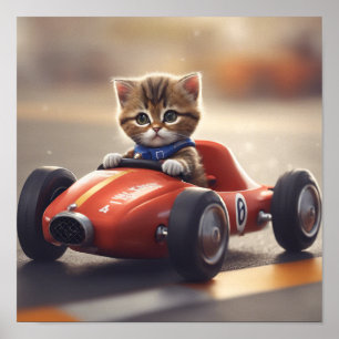 Cat driving a race car poster