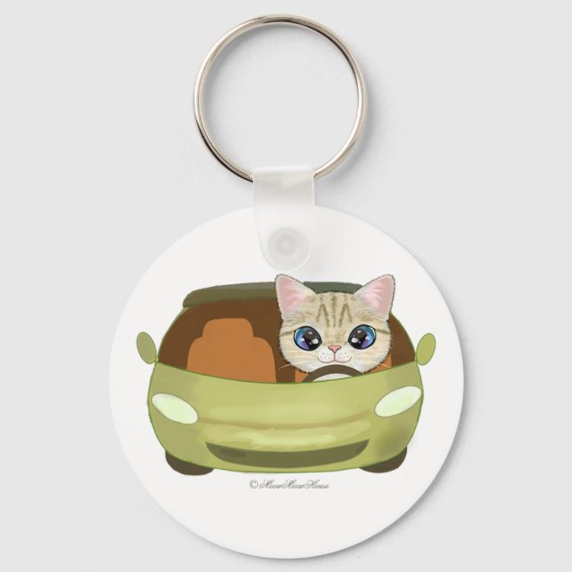 cat driving a sports car key ring (Front)