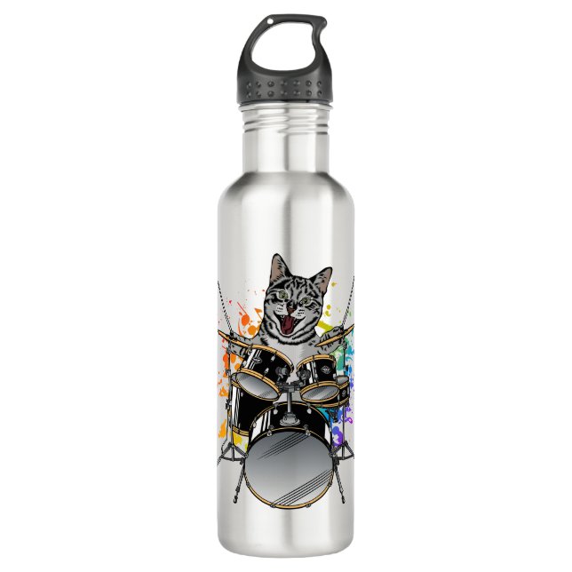 Cat Drummer Playing Drums 710 Ml Water Bottle (Front)