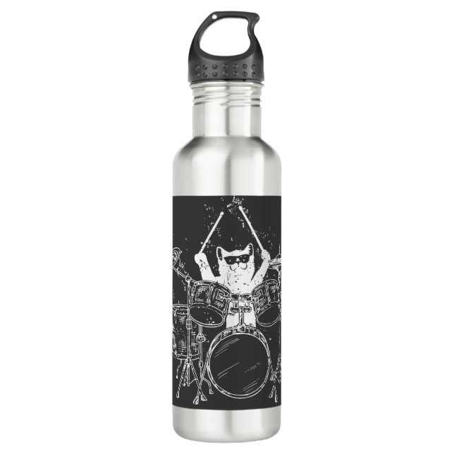 Cat Drummer Playing Drums 710 Ml Water Bottle (Front)