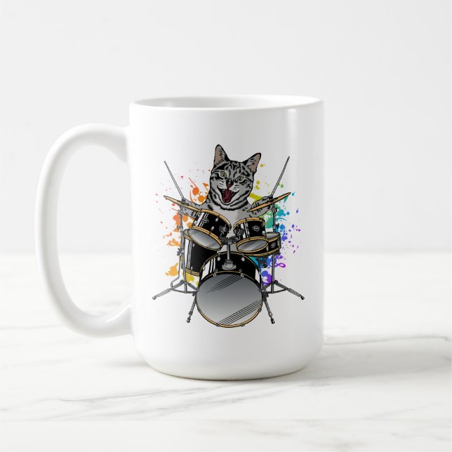 Cat Drummer Playing Drums Coffee Mug (Left)