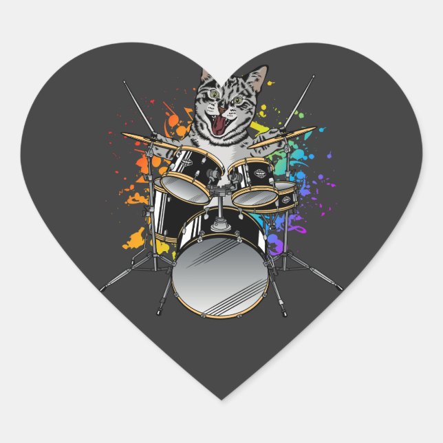 Cat Drummer Playing Drums Heart Sticker (Front)
