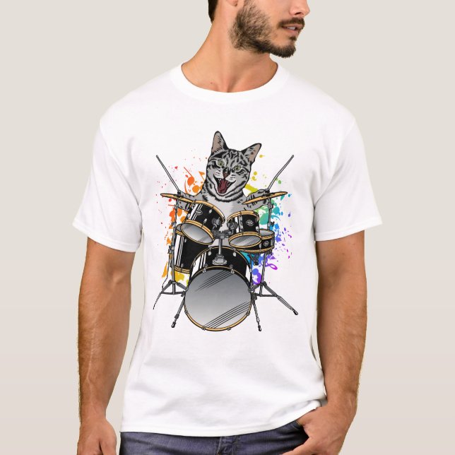 Cat Drummer Playing Drums Men T-Shirt (Front)