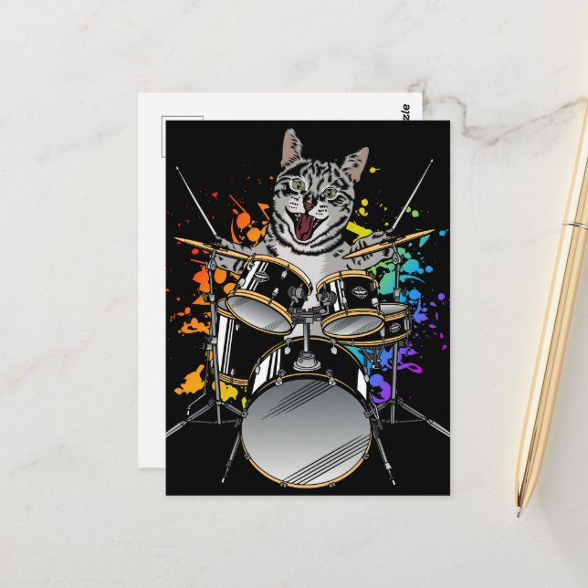 Cat Drummer Playing Drums Postcard (Front/Back In Situ)