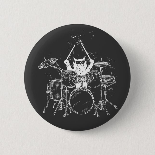 Cat Drummer Playing Drums Round 6 Cm Round Badge (Front)