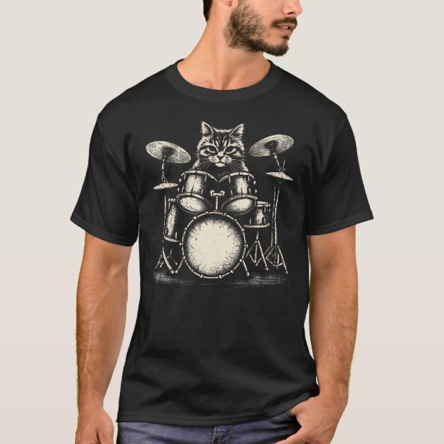 Cat Drummer Playing Drums T-Shirt (Front)