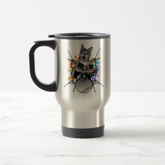 Cat Drummer Playing Drums Travel Mug (Left)