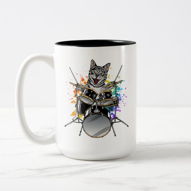 Cat Drummer Playing Drums Two-Tone Coffee Mug (Left)