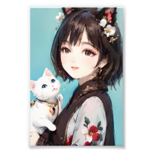 Cat-Eared Girl Holding a Cute Cat Whimsical Photo Print