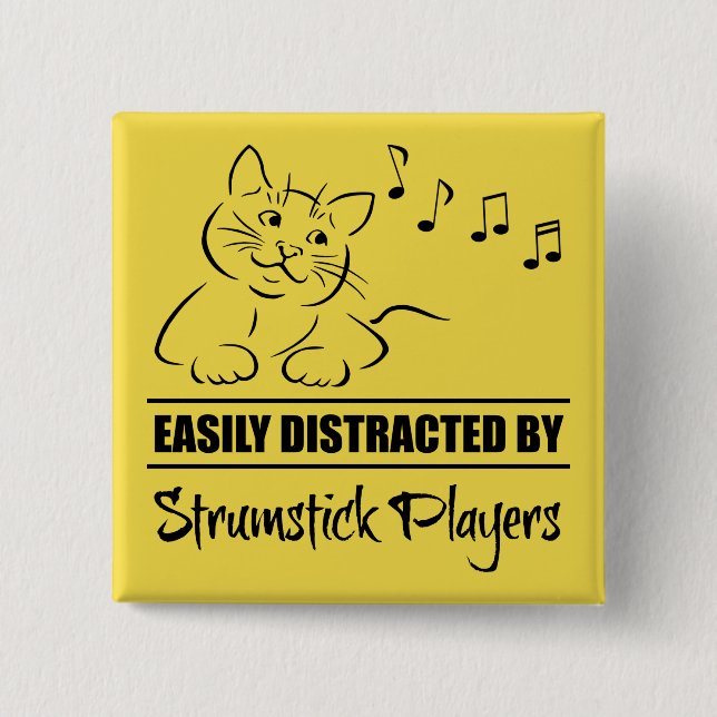 Cat Easily Distracted by Strumstick Players 15 Cm Square Badge (Front)