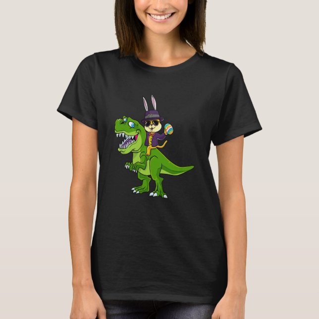 Cat Easter Bunny Riding Dino Trex Egg Hunt Dinosau T-Shirt (Front)