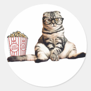 cat eat popcorn funny classic round sticker