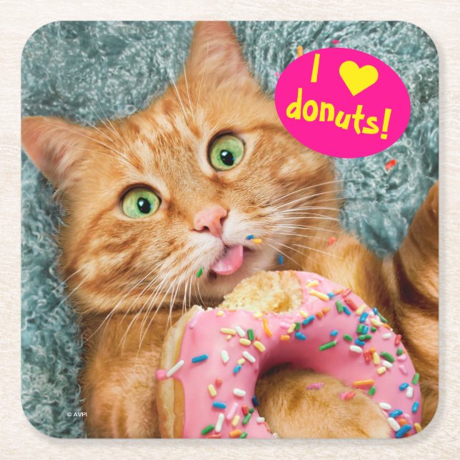 Cat Eating Donut Square Paper Coaster (Front)