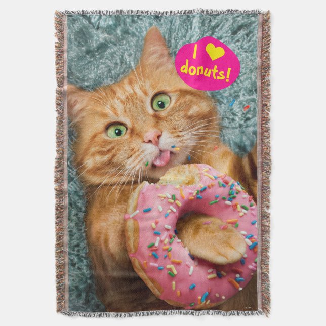 Cat Eating Donut Throw Blanket (Front Vertical)
